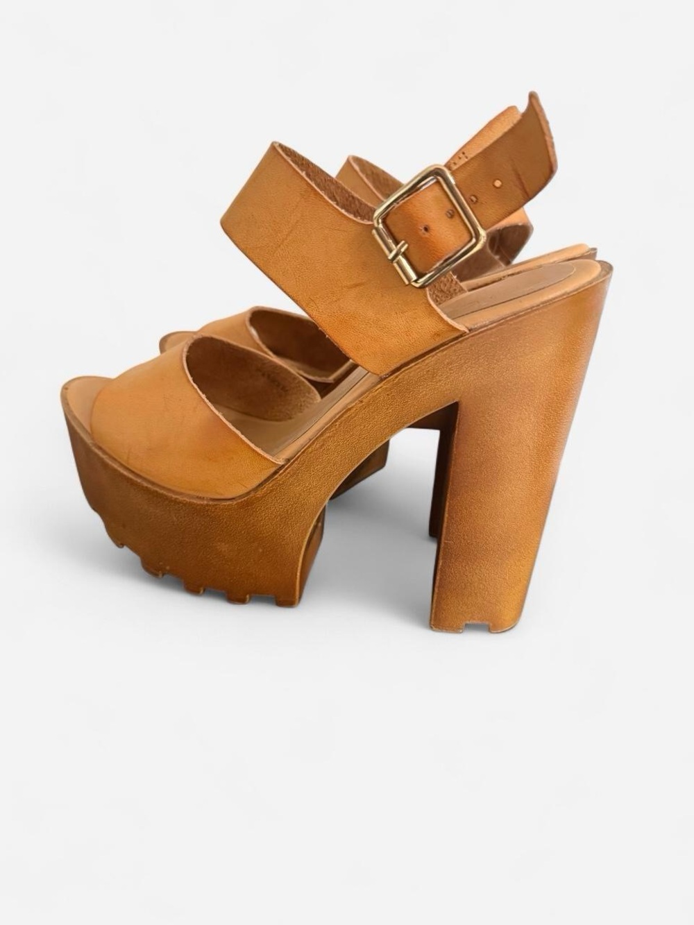 Chunky Tan Platform Sandals with Ankle Buckle